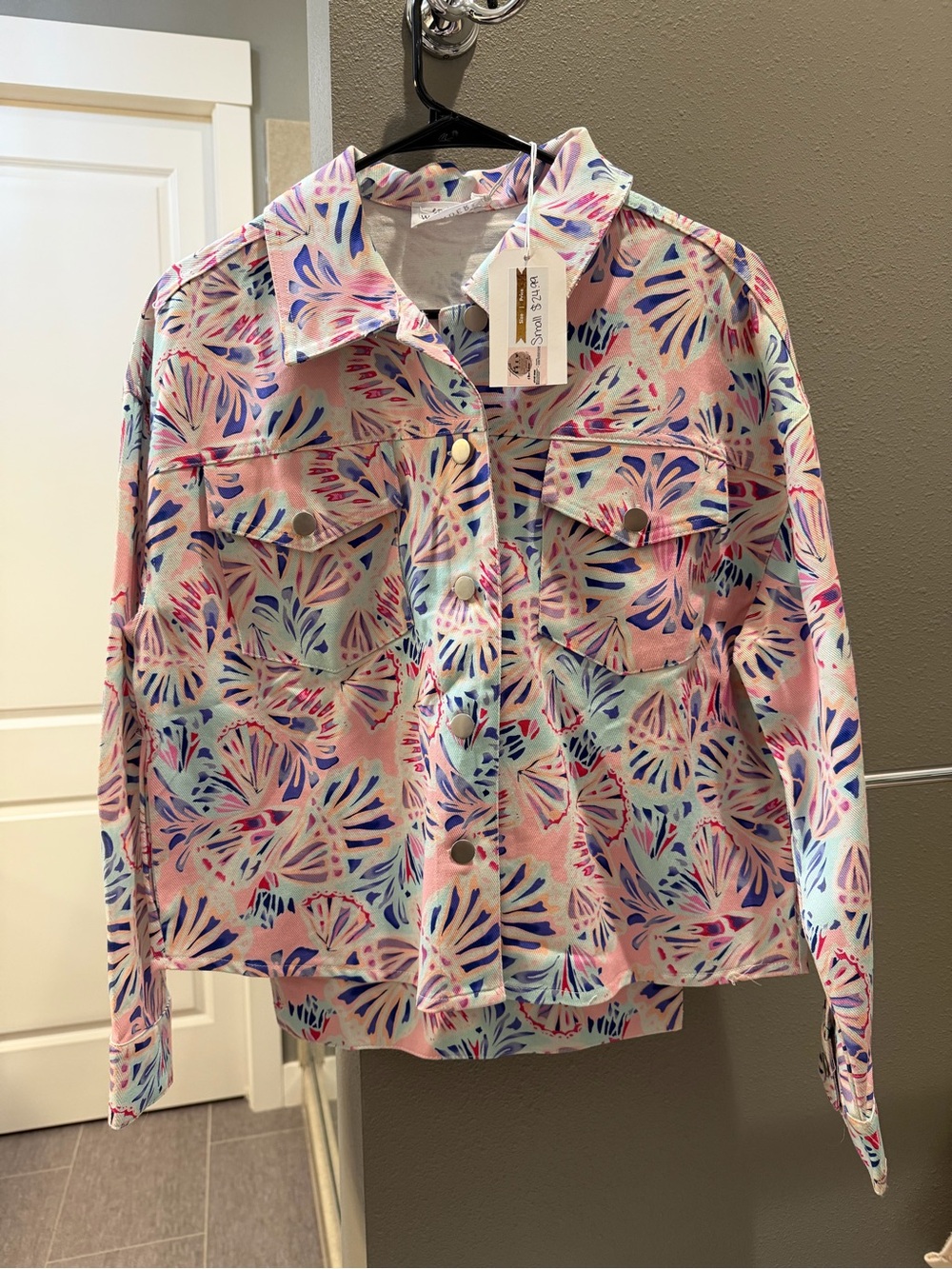 Emily Wonder Pink Multicolor Printed Denim Jacket with Leaf Motif